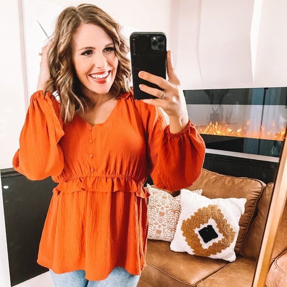 ODDY Tops - Boutique | Crinkle Knit Button Loop Ruffle Blouse | Rust Orange | Plus Size 1X